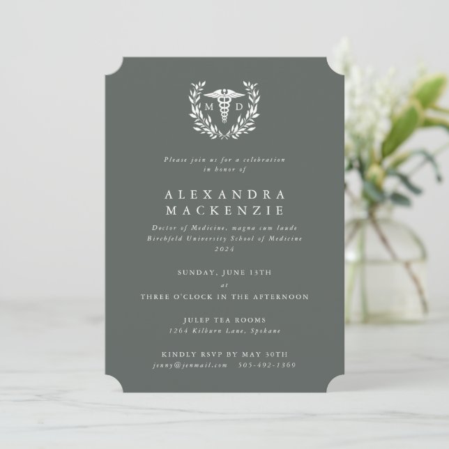Grey-Green MD Caduceus+Laurel Wreath Graduation Invitation (Standing Front)