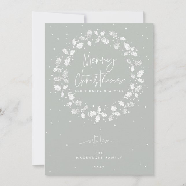 Grey-Green Merry Christmas Holly Wreath Holiday Card (Front)