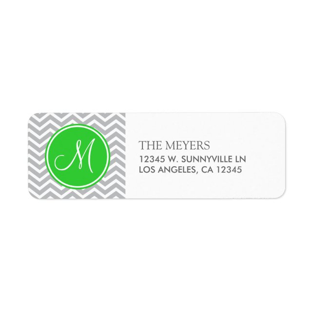 Grey & Green Modern Chevron with Monogram Return Address Label (Front)