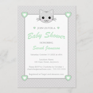 Grey Green Neutral Cute Kawaii Cat Baby Shower Invitation