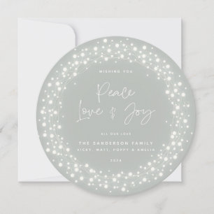 Grey-Green Peace Love+Joy Script Sparkling Lights Holiday Card