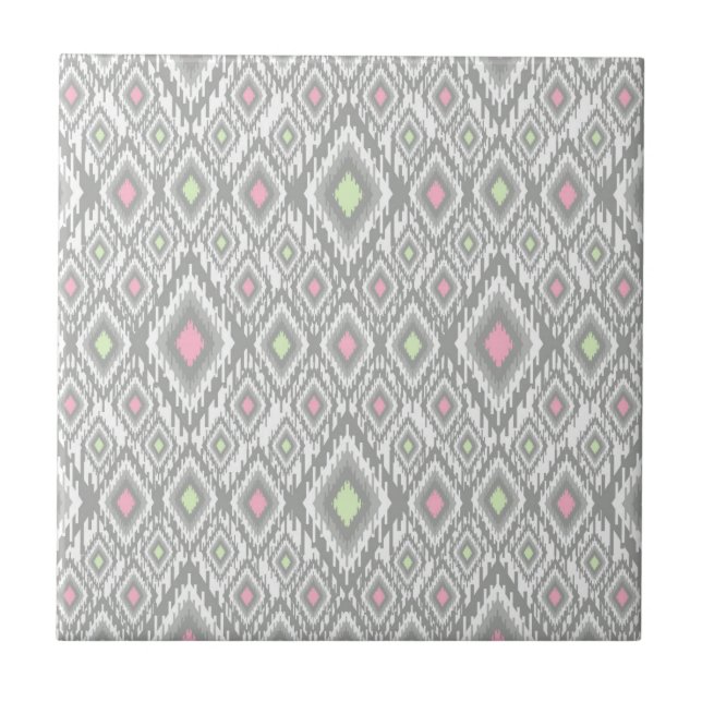 Grey, green, pink rhombuses on a white ceramic tile (Front)