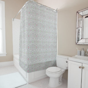 Grey, green, pink rhombuses on a white shower curtain