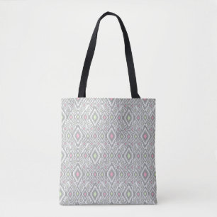 Grey, green, pink rhombuses on a white tote bag