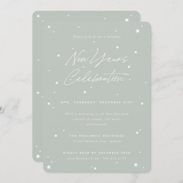 Grey Green Script Scattered Stars New Year' Party Invitation (Front/Back)