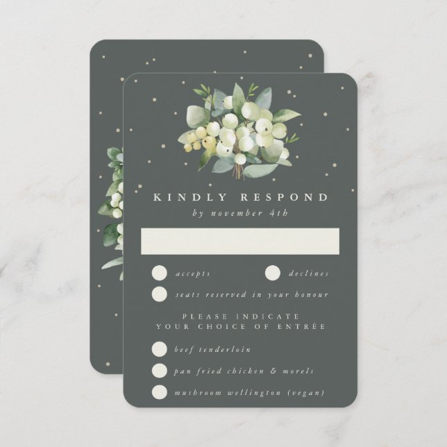 Grey Green Snowberry+Eucalyptus Bouquet Wedding RSVP Card (Front/Back)