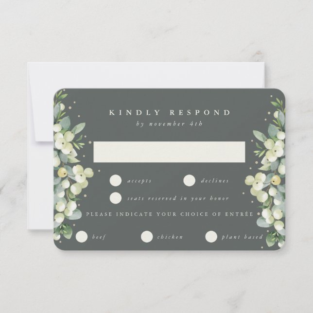 Grey Green Snowberry+Eucalyptus Edged Wedding RSVP Card (Front)
