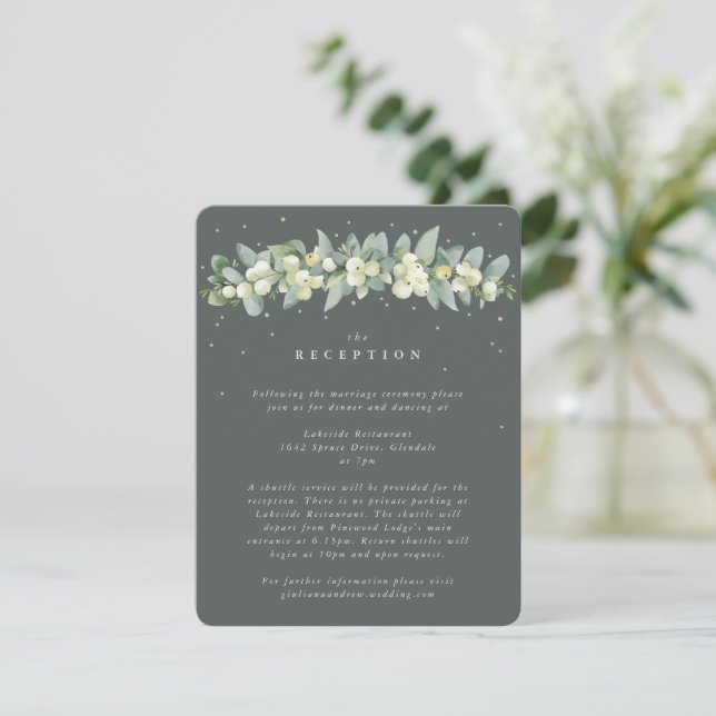 Grey Green Snowberry+Eucalyptus Garland Reception Enclosure Card (Standing Front)