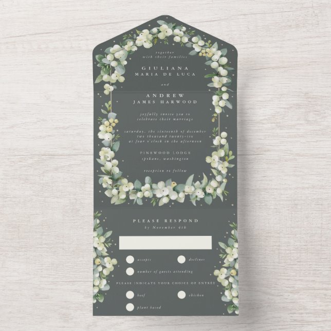 Grey Green Snowberry + Eucalyptus Wedding All In One Invitation (Inside)