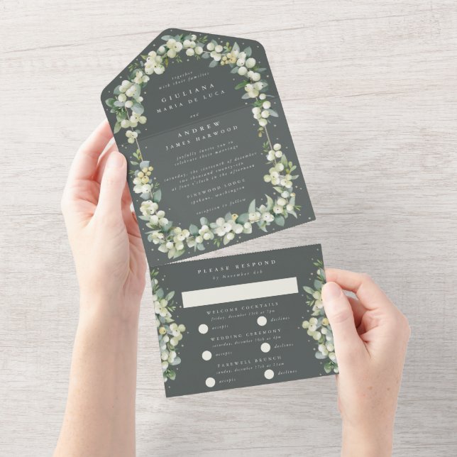 Grey Green Snowberry + Eucalyptus Wedding All In One Invitation (Tearaway)