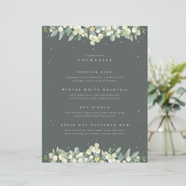 Grey Green Snowberry+Eucalyptus Wedding Drinks Bar (Standing Front)