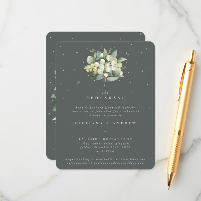 Grey Green Snowberry+Eucalyptus Wedding Rehearsal Enclosure Card (Front/Back In Situ)