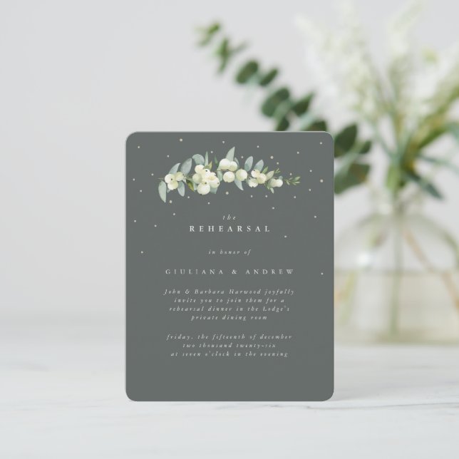 Grey Green Snowberry+Eucalyptus Wedding Rehearsal Enclosure Card (Standing Front)