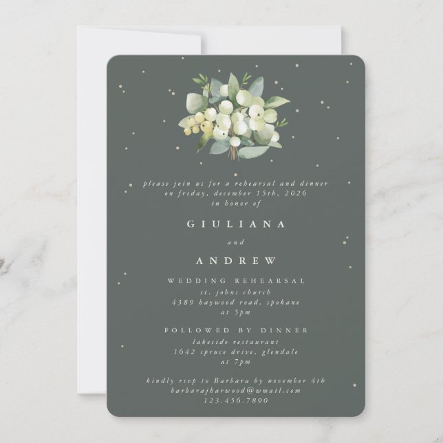 Grey Green Snowberry+Eucalyptus Wedding Rehearsal Invitation (Front)