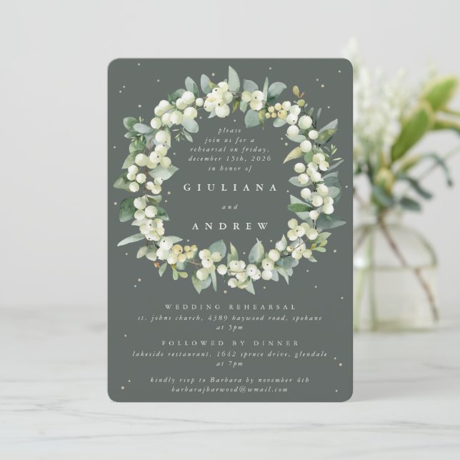 Grey Green Snowberry+Eucalyptus Wedding Rehearsal Invitation (Standing Front)