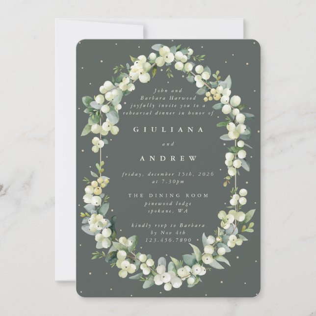 Grey Green Snowberry+Eucalyptus Wedding Rehearsal Invitation (Front)