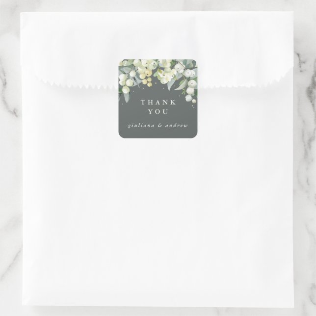 Grey Green Snowberry+Eucalyptus Wedding Thank You Square Sticker (Bag)