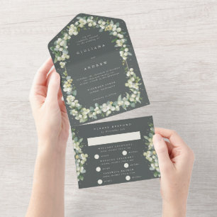Grey Green Snowberry+Eucalyptus Winter Wedding All In One Invitation