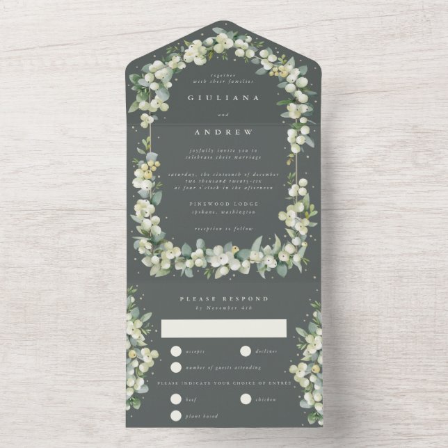 Grey Green Snowberry+Eucalyptus Winter Wedding All In One Invitation (Inside)