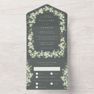 Grey Green Snowberry+Eucalyptus Winter Wedding All In One Invitation
