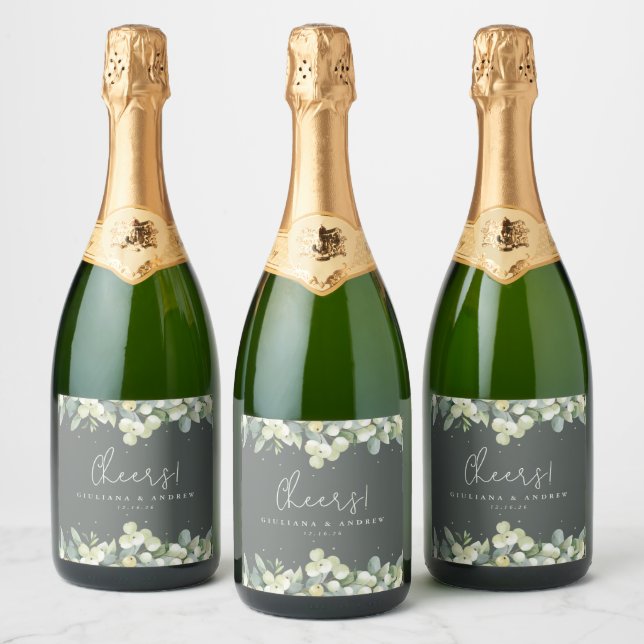 Grey-Green Snowberry+Eucalyptus Winter Wedding Sparkling Wine Label (Bottles)