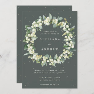 Grey Green Snowberry+Eucalyptus Wreath Wedding Invitation