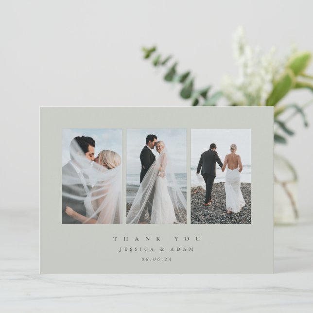 Grey-Green Ultra Minimal Triple Photo Wedding Flat Thank You Card (Standing Front)