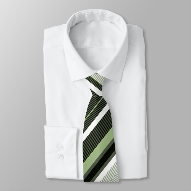 Grey, green, white stripes.  tie (Tied)