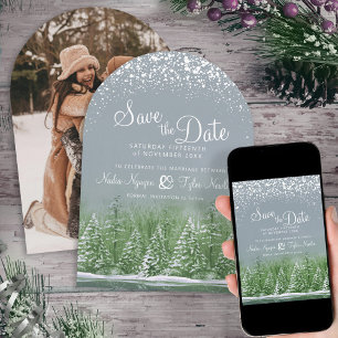 Grey green winter trees lakeside photo wedding save the date