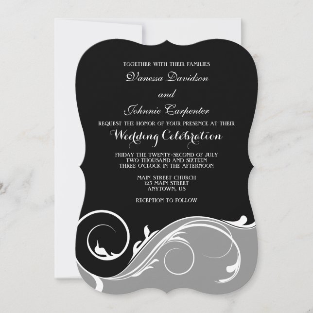 Grey Grey Black Swirl Bracket Wedding Invites (Front)