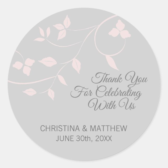 Grey, Grey Blush Pink Pastel Thank You Wedding Classic Round Sticker (Front)