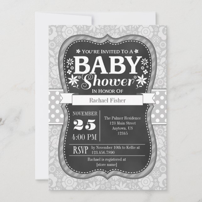 Grey Grey Chalkboard Floral Baby Shower Invite (Front)