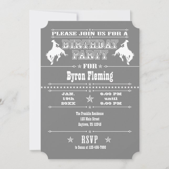 Grey Grey Cowboy Rodeo Birthday Party Invitation (Front)