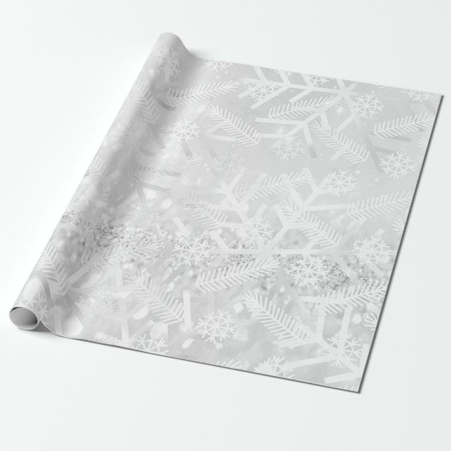 Grey Grey Glitter Christmas Holiday Snowflake Joy Wrapping Paper (Unrolled)