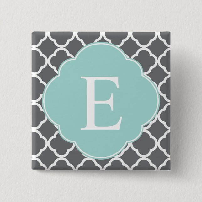 Grey Grey Mint Quatrefoil Monogram 15 Cm Square Badge (Front)