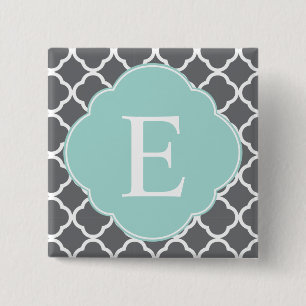 Grey Grey Mint Quatrefoil Monogram 15 Cm Square Badge