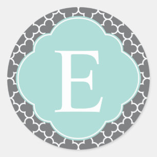 Grey Grey Mint Quatrefoil Monogram Classic Round Sticker