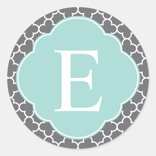 Grey Grey Mint Quatrefoil Monogram Classic Round Sticker (Front)