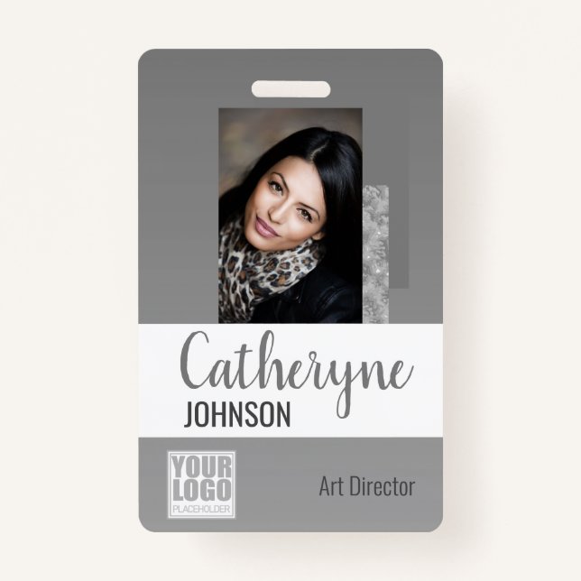 Grey Grey Ombre Logo Barcode ID Photo Template ID Badge (Front)