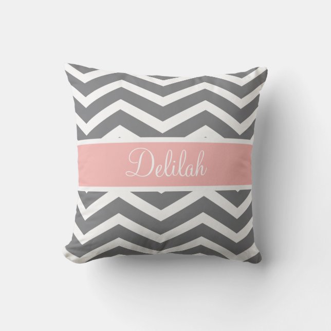 Grey Grey Peach Chevron Custom Name Cushion (Front)