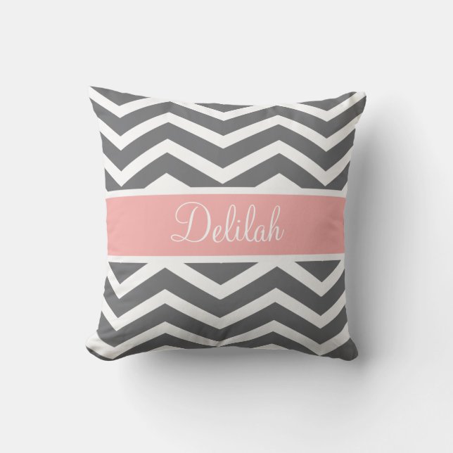 Grey Grey Peach Chevron Custom Name Cushion (Front)