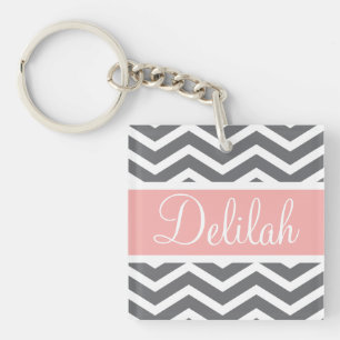 Grey Grey Peach Chevron Custom Name Key Ring