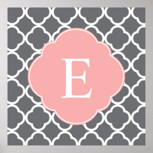 Grey Grey Peach Quatrefoil Monogram Poster