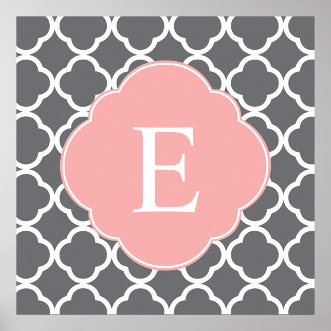 Grey Grey Peach Quatrefoil Monogram Poster (Front)