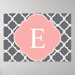 Grey Grey Peach Quatrefoil Monogram Poster