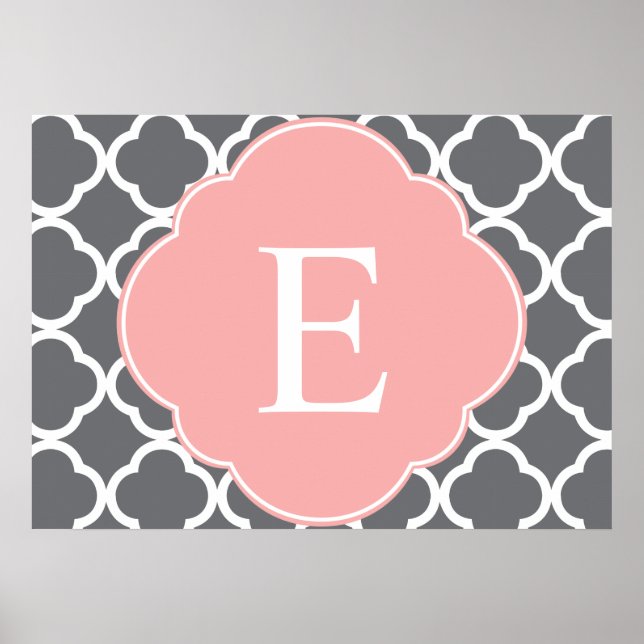 Grey Grey Peach Quatrefoil Monogram Poster (Front)