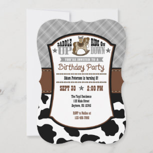 Grey Grey Plaid Cowhide Cowboy Birthday Invite