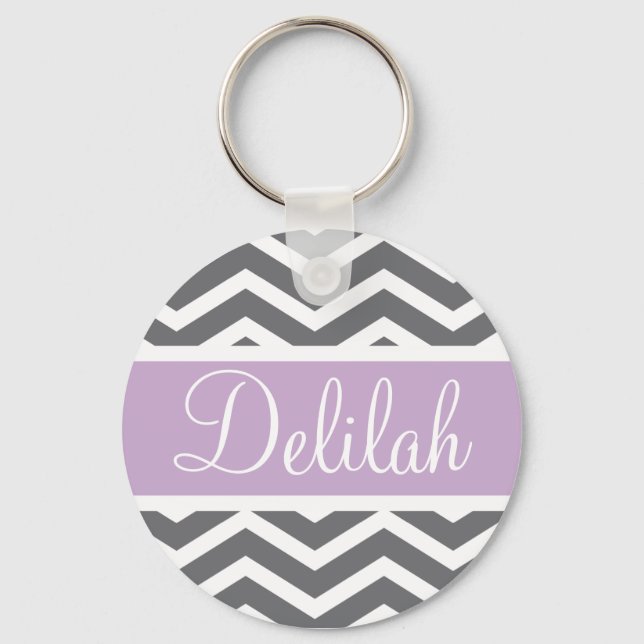 Grey Grey Purple Chevron Custom Name Key Ring (Front)