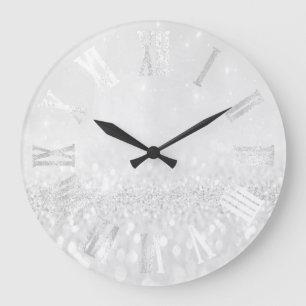 Grey Grey Silver Glitter Metal Roman Numers Large Clock