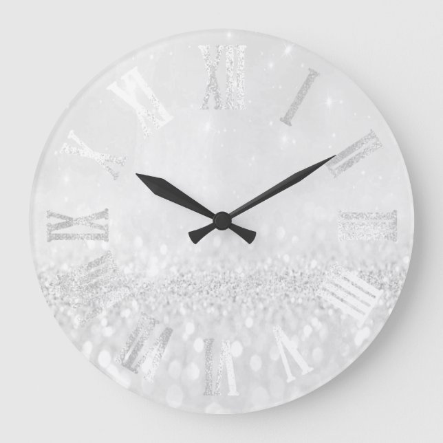 Grey Grey Silver Glitter Metal Roman Numers Large Clock (Front)